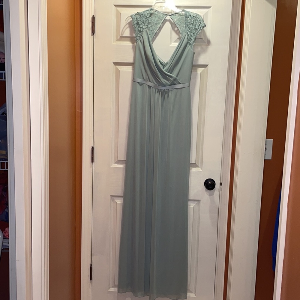 David's Bridal Sage Green Lace Cap Sleeve Chiffon Gown
